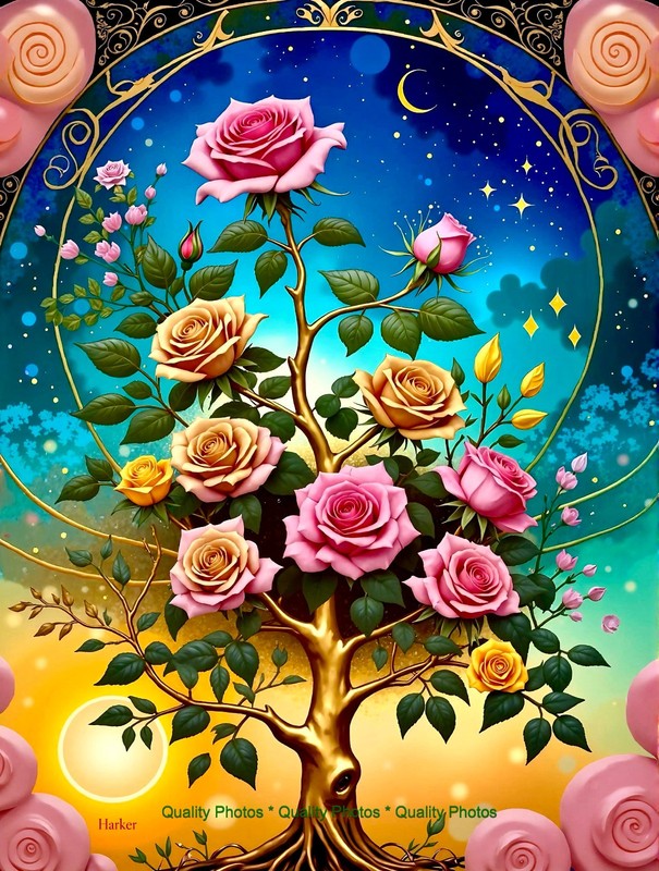 Gold Tree of Life with Pink, Yellow Roses 8.5×11″ Photo Print Klimt/Harker Art