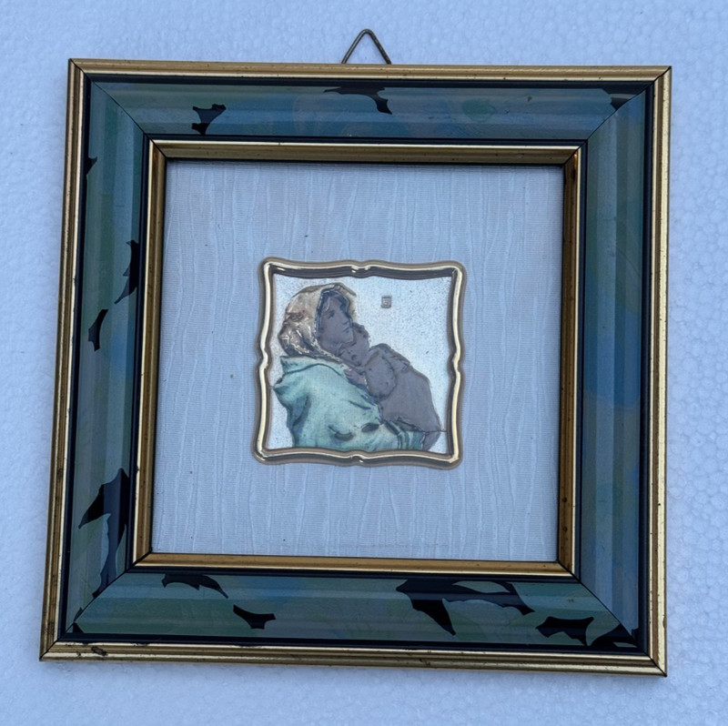 HOLY MOTHER WITH CHILD ITALIAN ARGENTO MINIATURE SILVER SMALL FRAMED ITALIAN ART