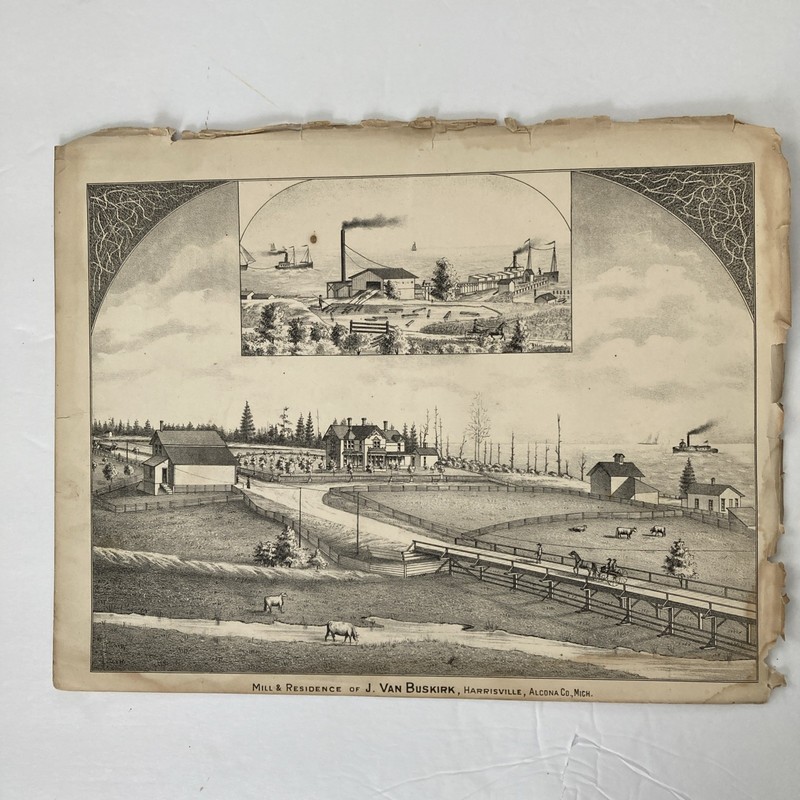 Harrisville, MI 1883 Art Sketch Print Mill & Residence Alcona Unframed 13″x10″+