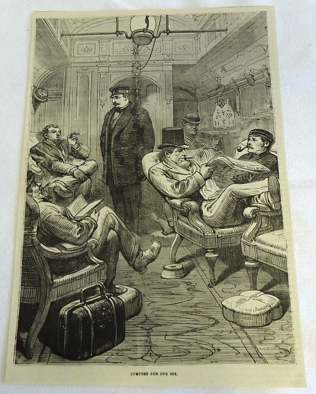 1882 magazine engraving ~ COMFORT FOR ONE SEX, men hanging out in train car