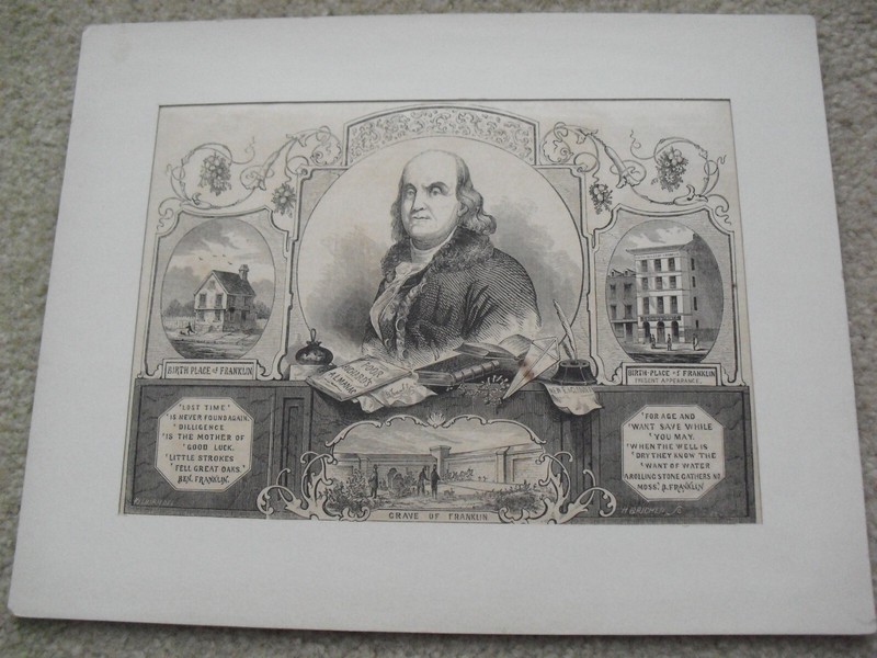 Vintage 1854 Engraving of Benjamin Franklin Portrait Grave Store Matted