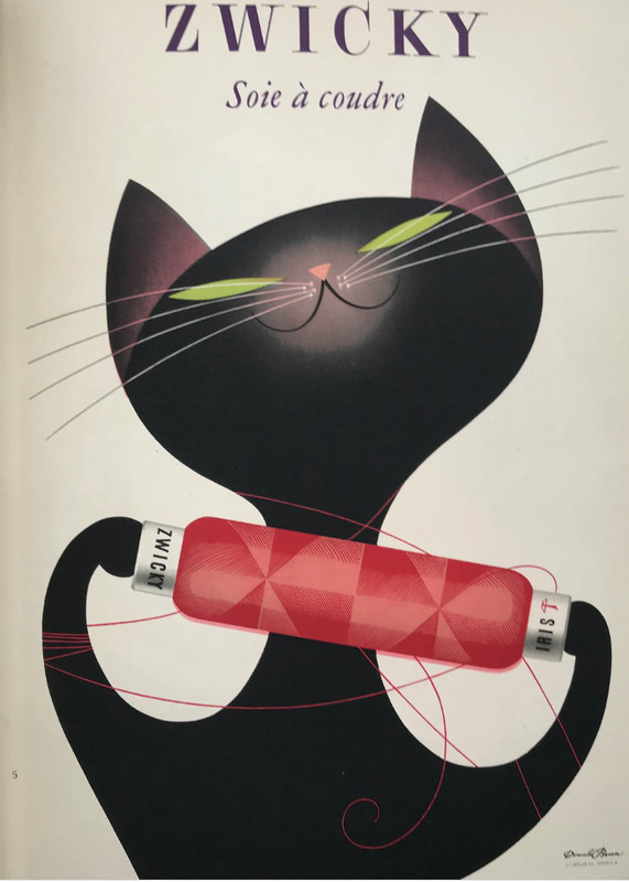 1951 DONALD BRUN 'CAT' Zwicky Soie a Coudre Swiss Advert Sheet Size c.11x8ins.