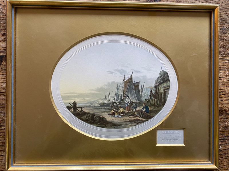 Antique Oval Le Blond Print The Fisherman's Hut Framed Print No 90 -blind stamp gallery