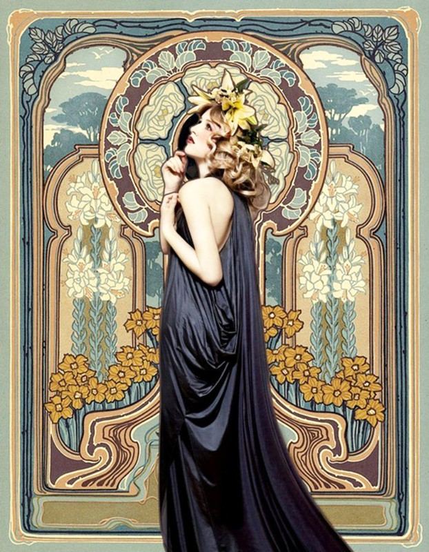 Lady in Blue Dress Stain glass by Alphonse Mucha 11 x 14