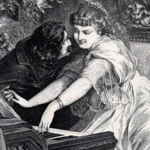 MEDIEVAL LADY at PIANO –Romantic Opera Scene Palace 1892 Antique Engraving
