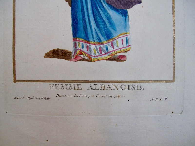 1787 PIERRE DUFLOS HAND-ILLUMINATED ENGRAVING w GOLD FEMME ALBANOISE FAUVEL 1782 gallery