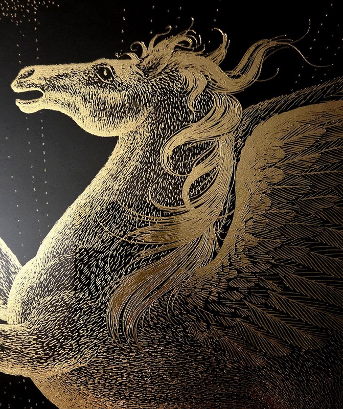 Paul M. Breeden Pegasus 1981 Gold Foil Scratchboard Etching Print Framed 22x18 gallery