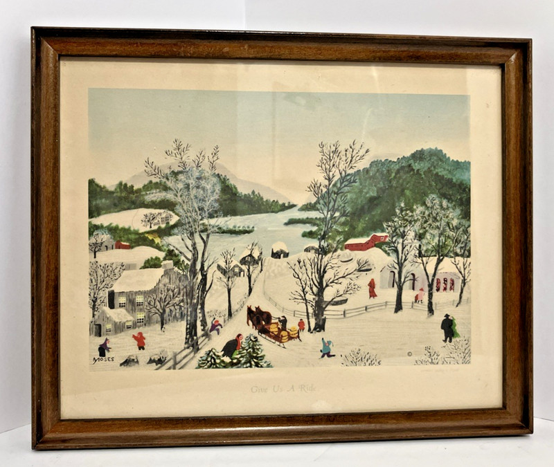 Grandma Moses GIVE US A RIDE Print 8×10” Frame Winter Village Galerie St Etienne