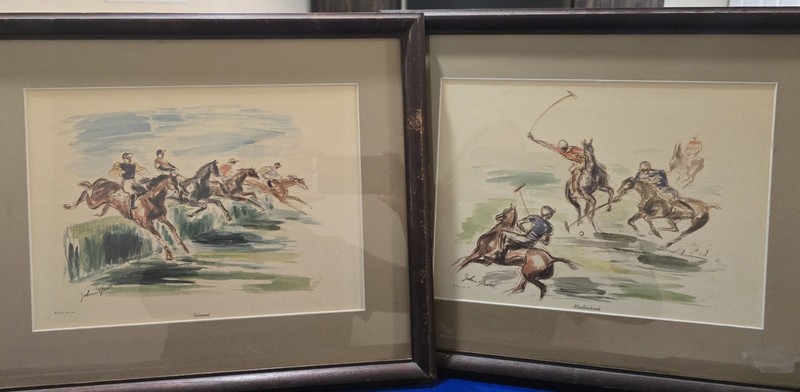 VTG 1953 John Groth Framed Litho Set Meadowbrook Polo & Belmont Horse Racing