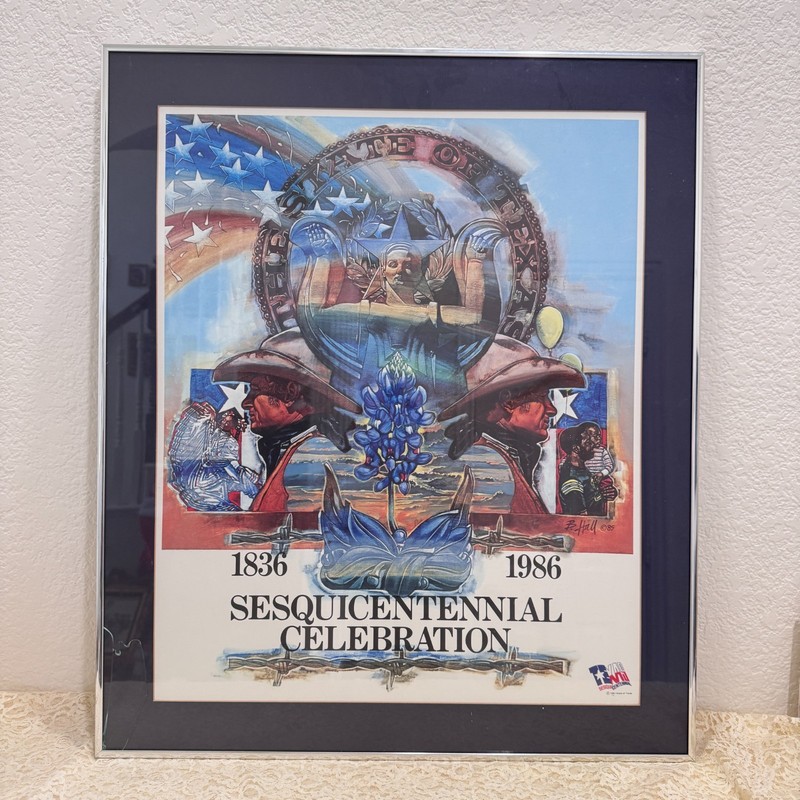 Rare Texas Sesquicentennial Celebration Print 1986 B Hall Framed Poster 26»