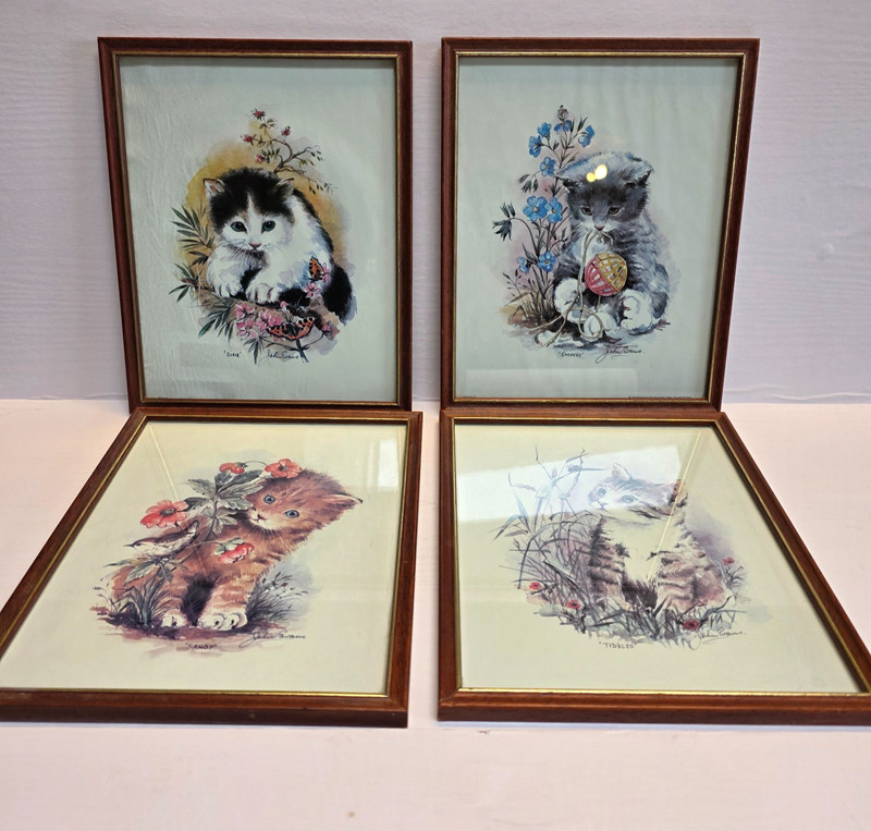 Set of 4 Vintage John Evans Cat/Kitten Prints Framed Kittens Flora ADORABLE 8×10