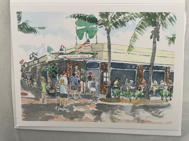 VILLAGE GRILLE, LBTS, FL /W/C print / image 5 7/8" X 7 1/2"/ MIMI DAVIS, ARTIST