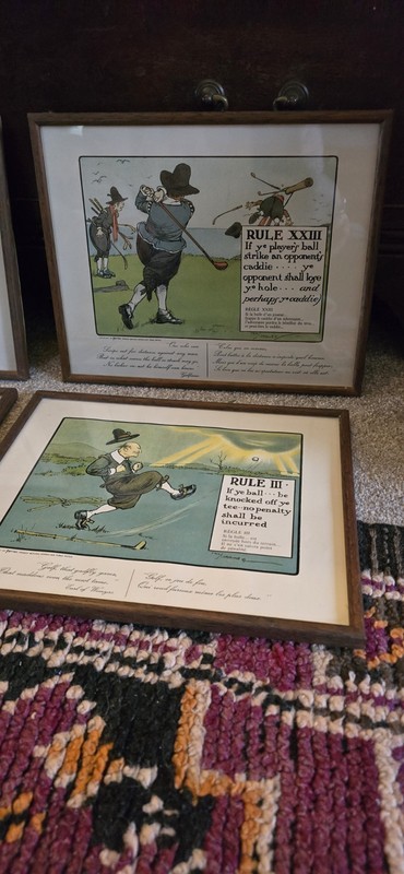 4 Charles Crombie Coloured, Comical Lithographs Golf Rules, Perrier ,Framed gallery