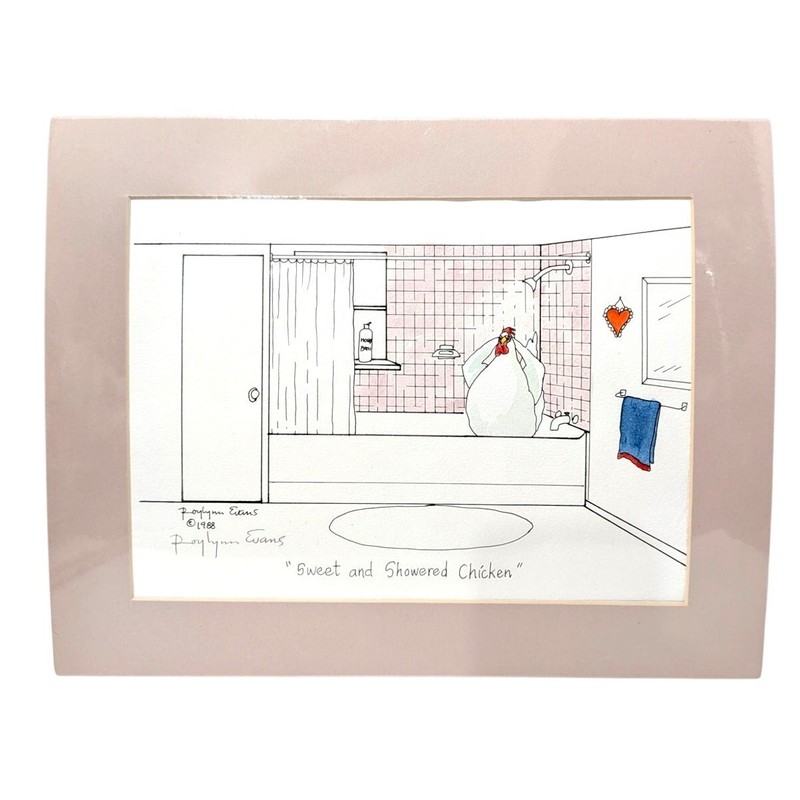 Vtg Sweet and Showered Chicken Signed Art Print Roylynn Evans 1988 Matted Sealed