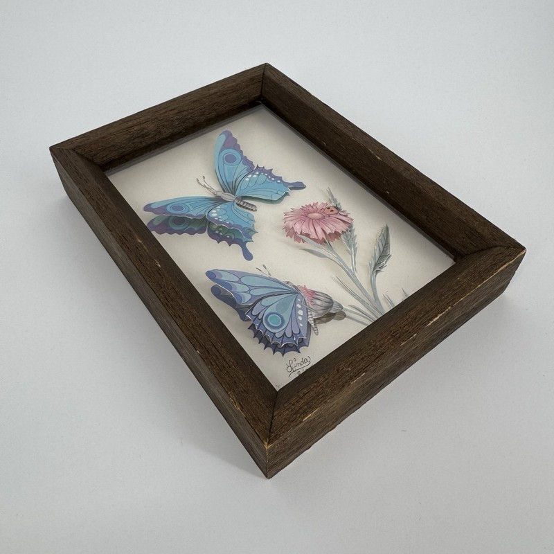 Vintage Butterfly Paper Tole Art Pink Flowers Shadow Box Framed Cottagecore gallery