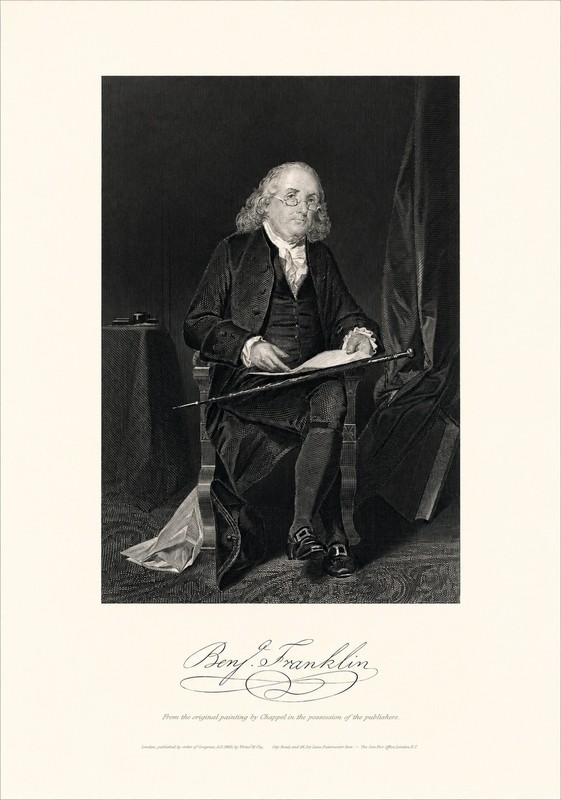 Benjamin Franklin Portrait Print Antique Copperplate Engraving Wall Art