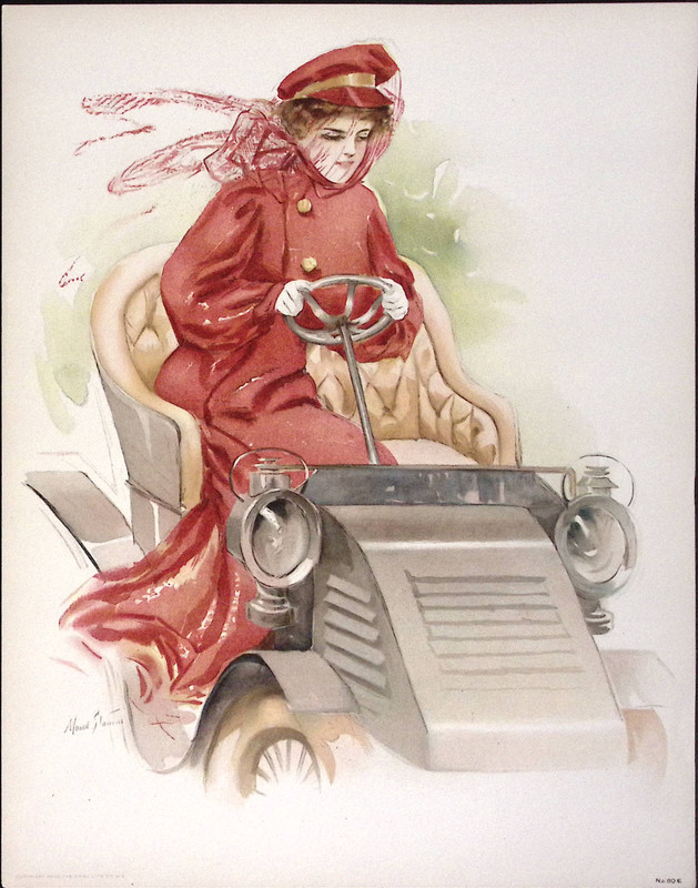 1908 Automobile Sport Girl Chromolitho Print 10×12.75″ Maud Stumm