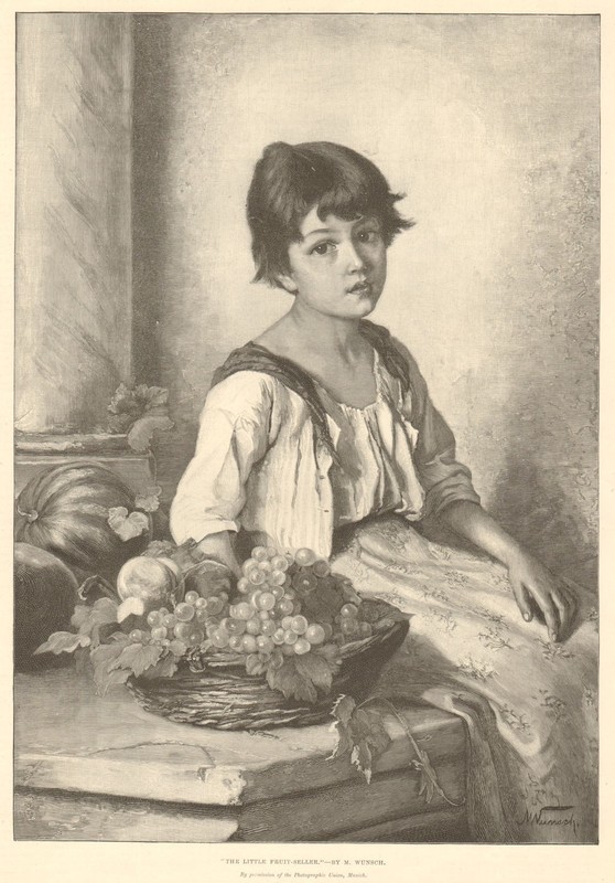 «The little fruit-seller»-by M. Wunsch. Food. Markets 1891 old antique print