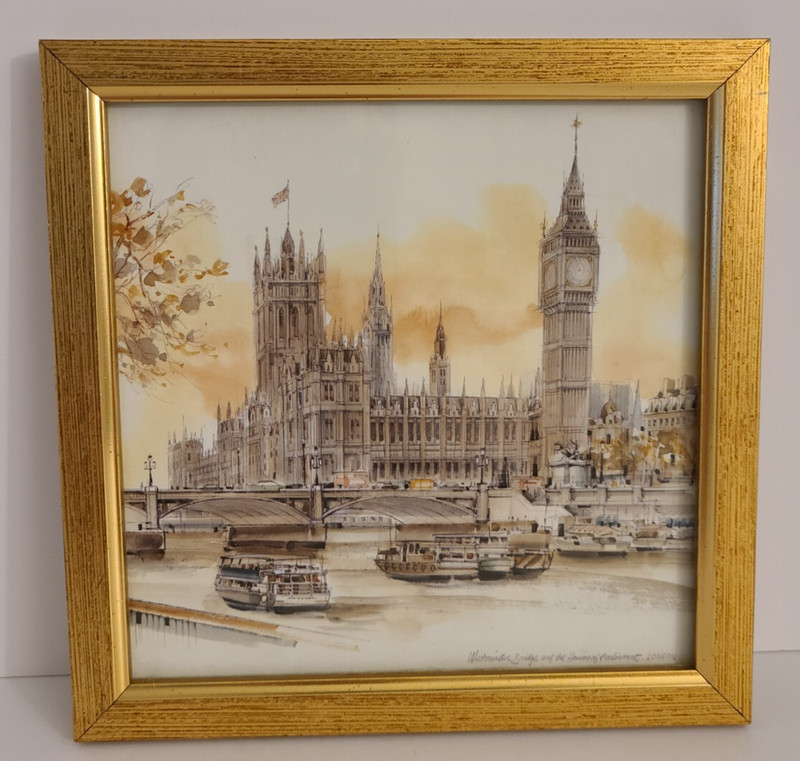 Vintage Framed Print Westminster Bridge & the Houses of Parliament LONDON 7.25″
