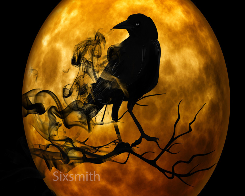 Raven and The Moon Vintage Halloween Drawing High Res Giclee 8x10 Print