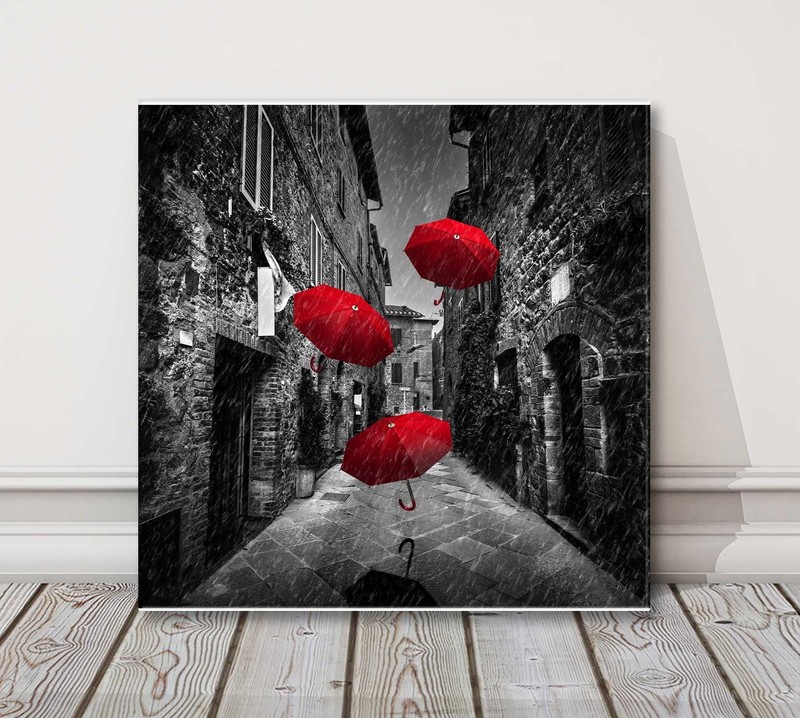 red umberella black and white street canvas picture print modern square