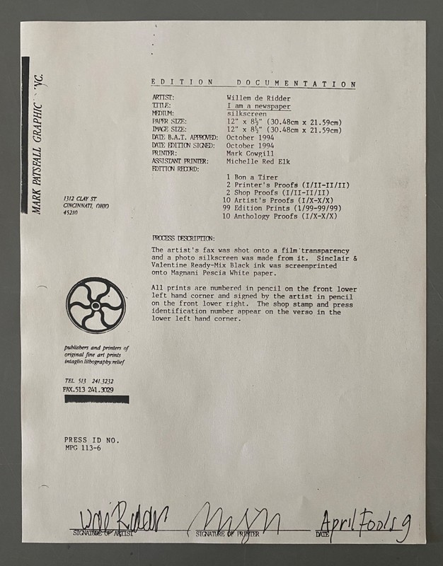 WILLEM DE RIDDER s/n print FLUXFAX portfolio 1994 fluxus Nam June Paik Maciunas gallery