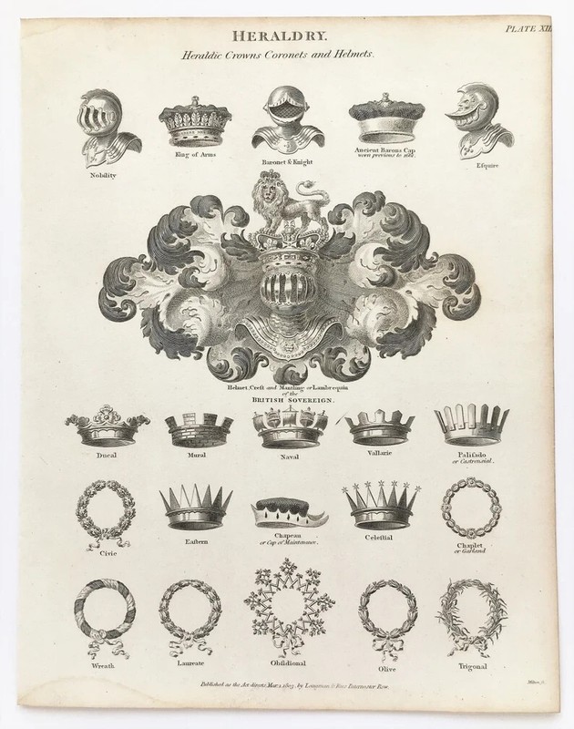 HERALDRY, Crowns, Coronets, Helmets - Original 1819 Antique Print B/W Engraving