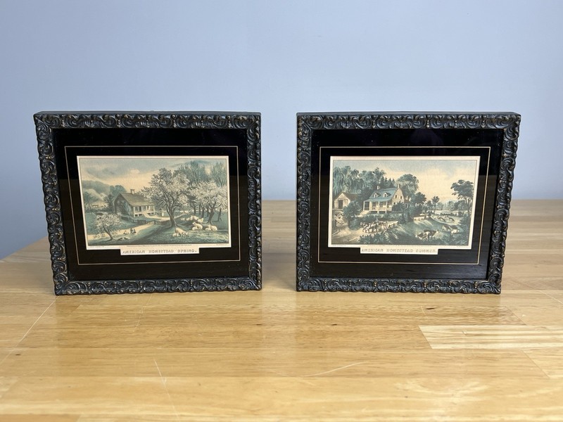 2 VTG Art Homestead Pictures Prints in Frame w/ reverse paint glass Currier Ives