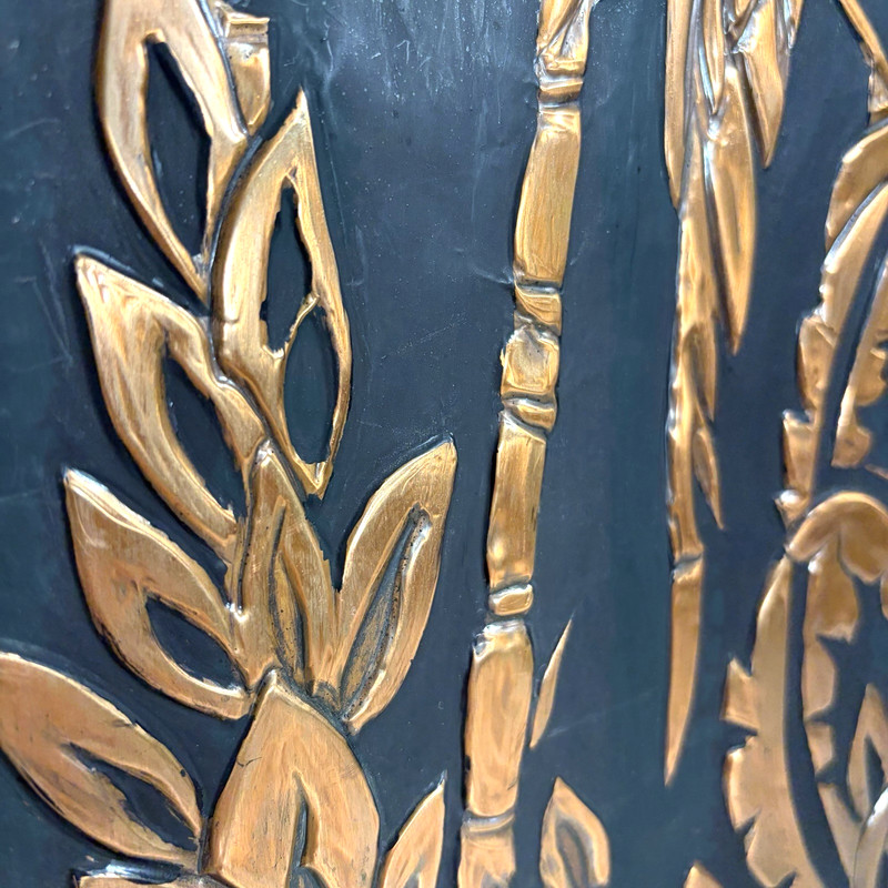 Repousse Relief Copper Parrot Bamboo Tropical Tiki Folk Art Wood Framed 13x16.25 gallery