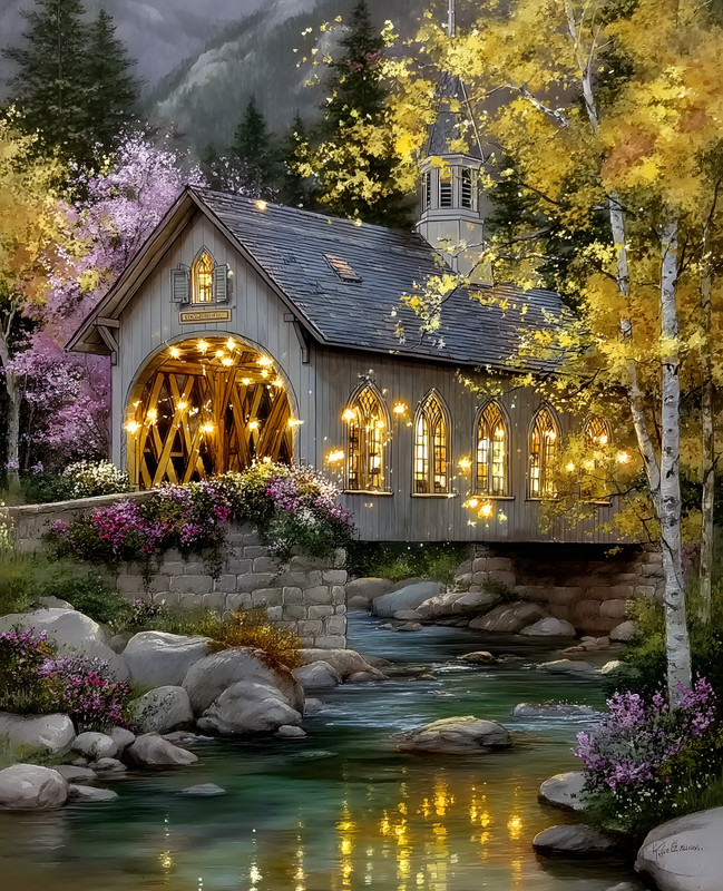 8x10 Cozy Storybook House By Stream Art Print Classic Illustration - 848030447