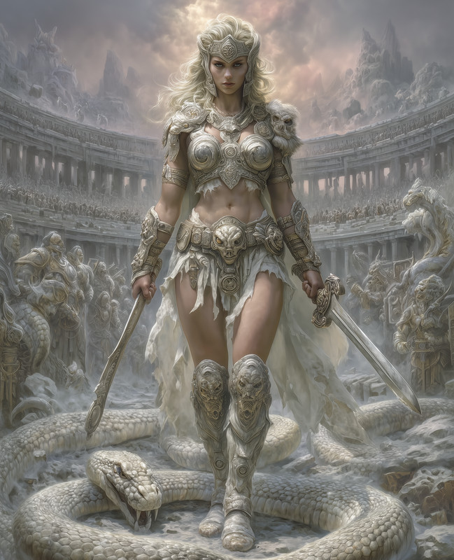 8×10 Blonde gladiator woman dual swords colosseum snake – 478270865