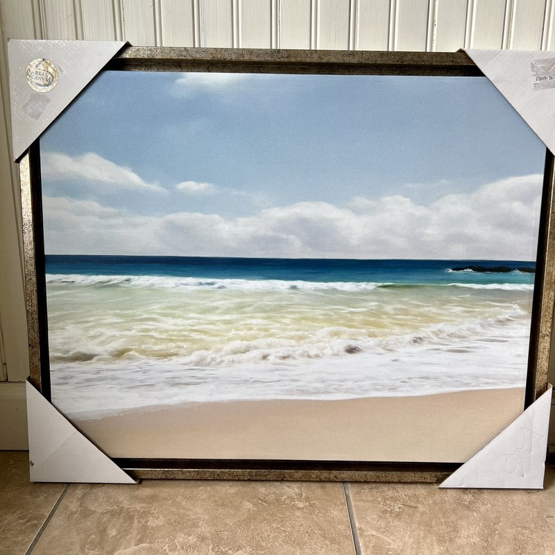 Ocean Beach Print on Canvas in Gold Wood Floater Frame 22 X 18”