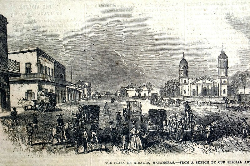 Plaza De Hidalgo MATAMORAS 1864 COTTON BALES CHURCH STREET SCENE Matted Print