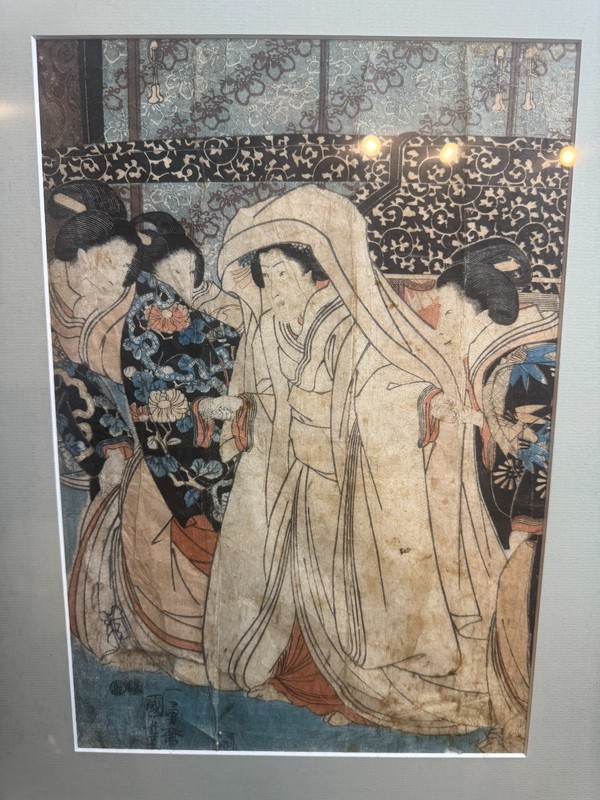 Antique Utagawa Kuniyoshi Bride Changing Clothes Woodblock Print Framed VG 18x14 gallery