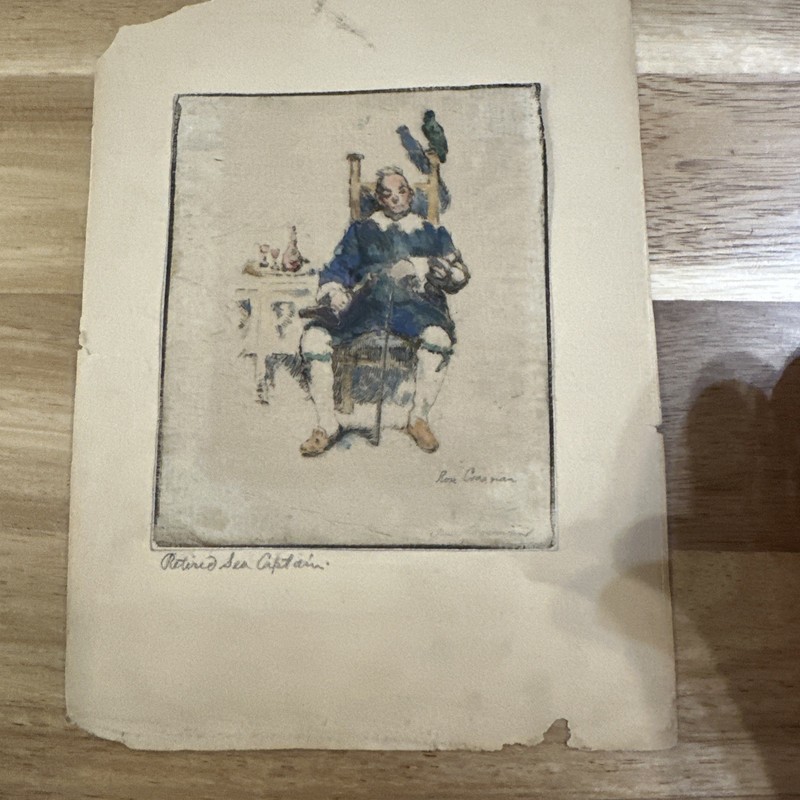 Antique Hand Colored Intaglio Print Retired Sea Captain Rex Crosman Laid Paper