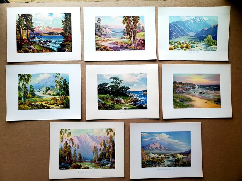 8 Diff. Vintage 1940s Litho Prints Oliver Glen Barrett California Landscapes