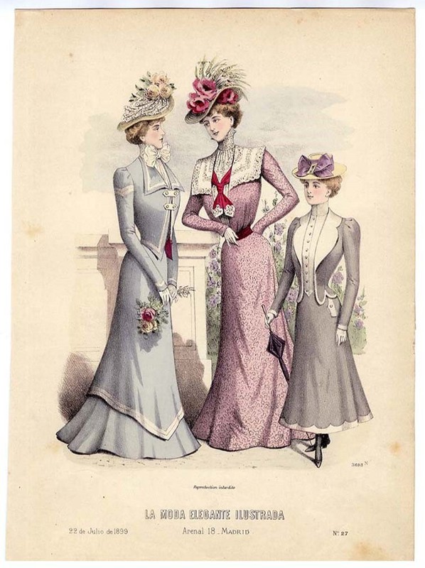 1899 Victorian FASHION Large Print WOMEN Young Girl HAND COLORED La Moda Madrid