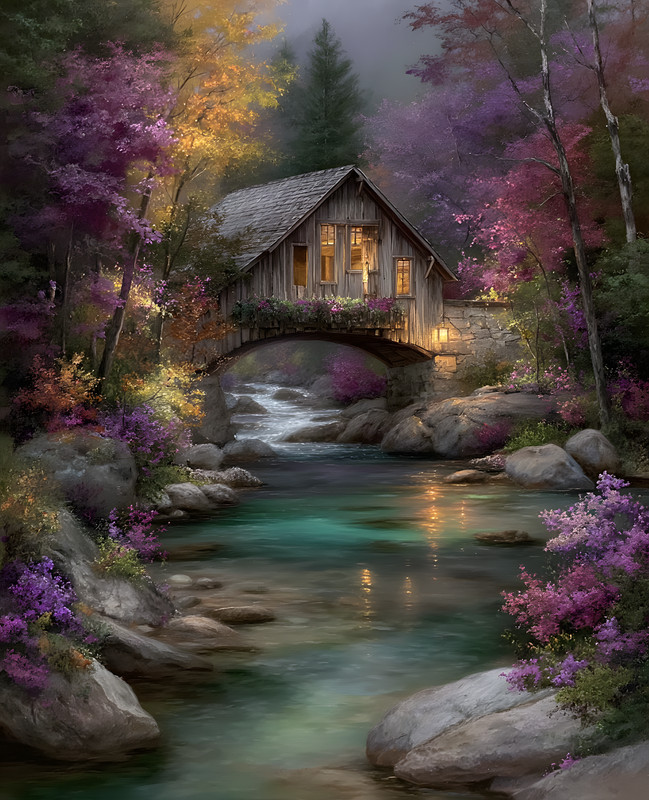 8×10 Cozy Storybook Cabin By Stream Art Print Classic Illustration – 688457635