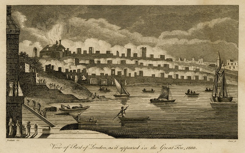 Antique Print-View of London during the great fire of 1666-Prattent-Owen-1813