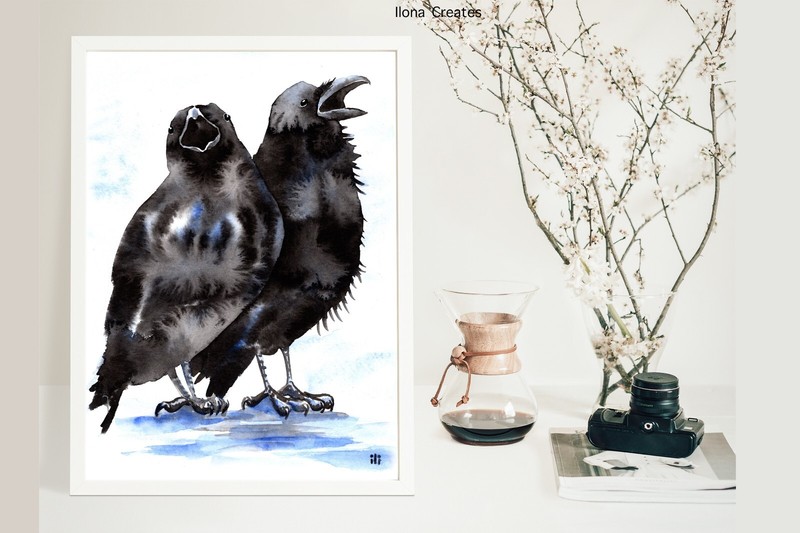 Watercolour Crows Painting Art Limited Edition Print from Original by ili