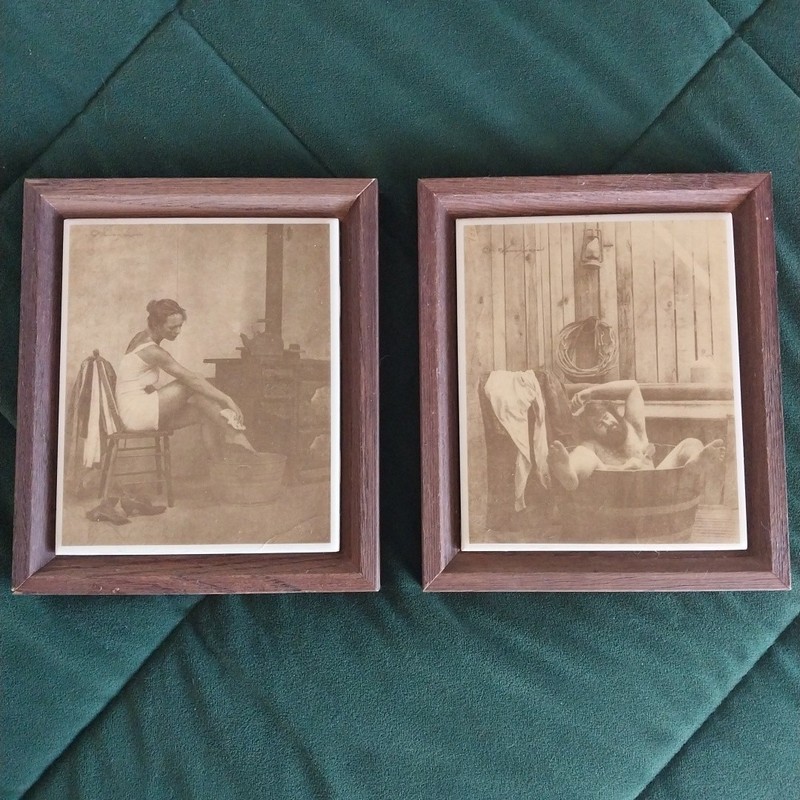 Vintage R. Hendrickson Sepia Framed Print On Tile Woman & Man In Bath Art Decor