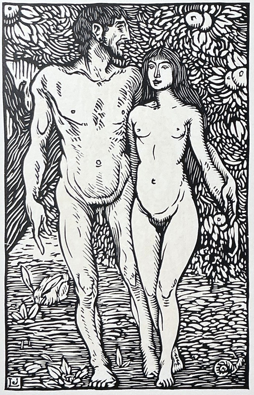Louis Jou 1929 Folio Woodcut: Adam Eve, Garden of Eden. Coulouma. From the Block