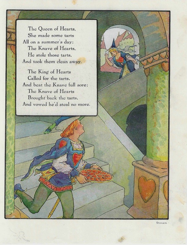 Antique Queen of Hearts Mother Goose Rhyme Art Print 1915 Dual Sided 8 x 10.5