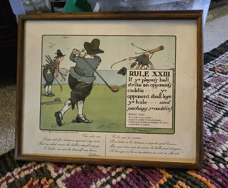 4 Charles Crombie Coloured, Comical Lithographs Golf Rules, Perrier ,Framed gallery