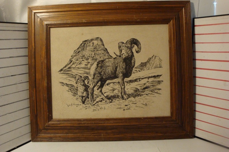 Vintage Jack Hines print on suede framed rocky mountain goats signed