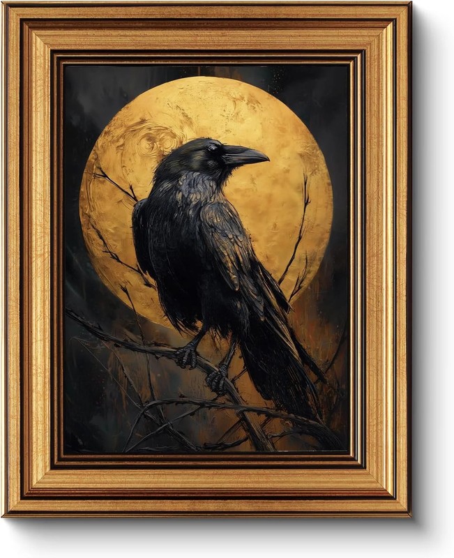 Vintage Gold Framed Raven Wall Art 8×10 Inch Gothic Crow Illustration with Full