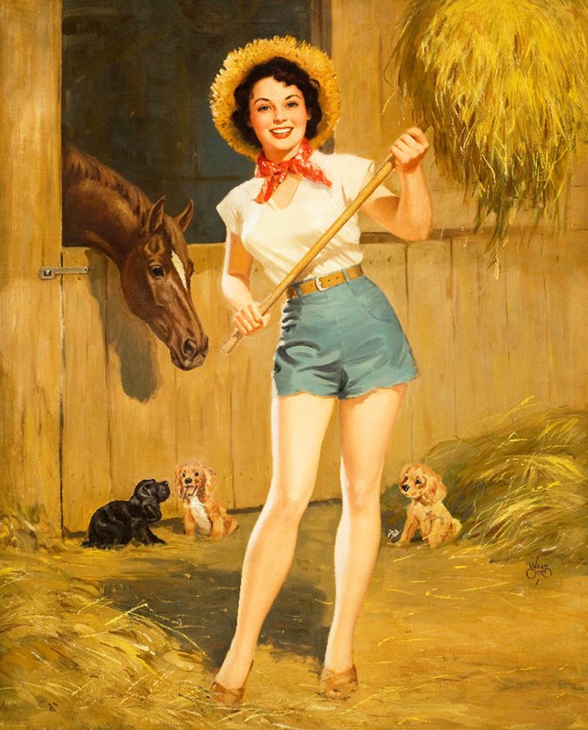 Farm Lady, Horse Stable , Puppies, by Walt Otto