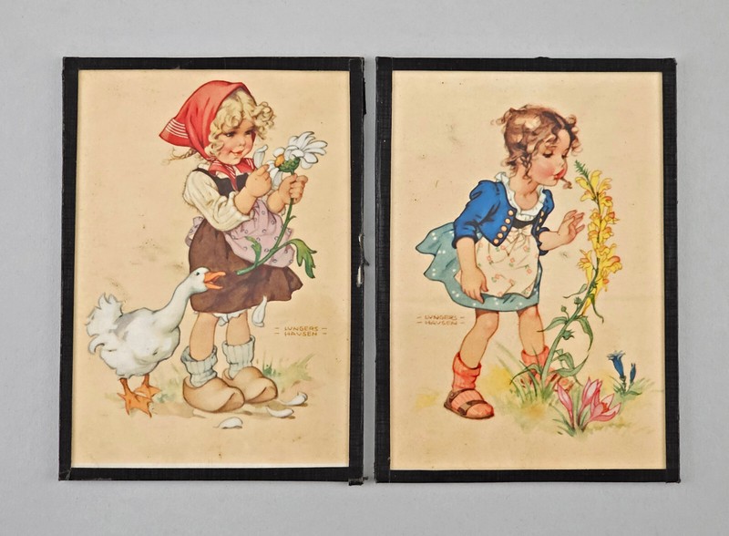 99863160-d Pair of Framed Postcards Lungerhausen Children Motifs Circa 1950 10.5x15cm