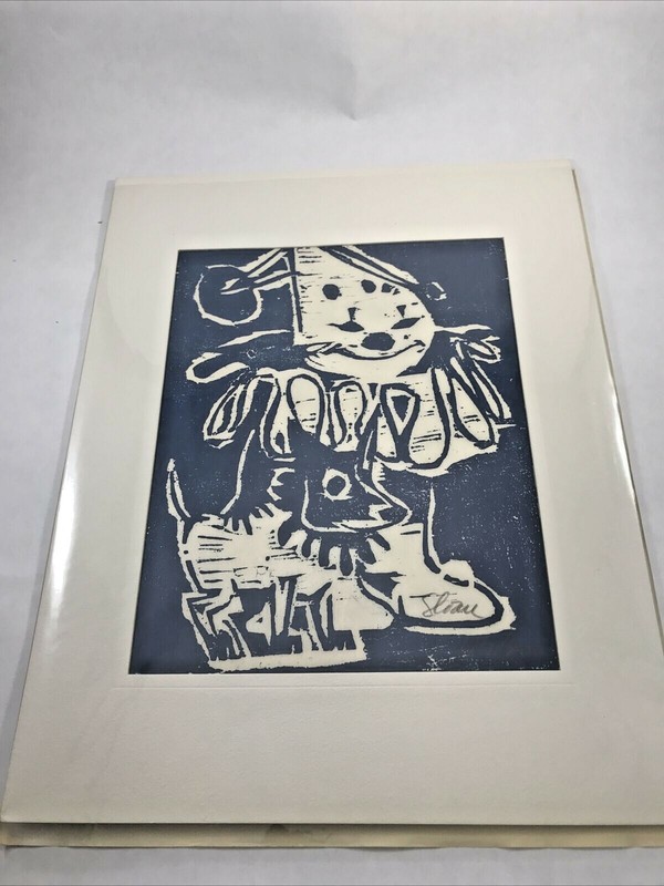 Clown with Puppy Woodblock Print Circus Art Print Whimsical Nursery Art Signed