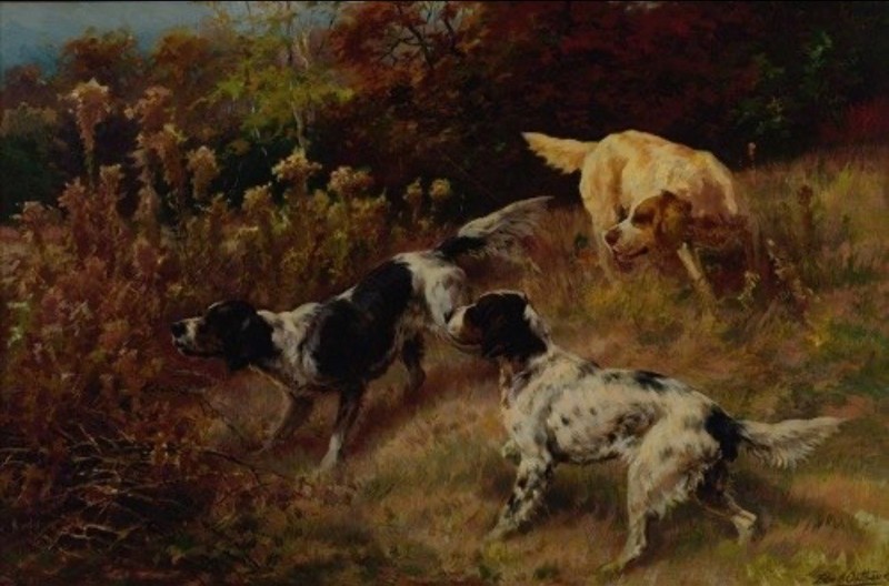 Antique Three Setters On Hunt Painting Reproduction Giclee Print Fine Art Paper